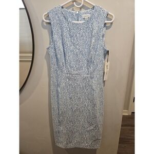 Calvin Klein Blue White Sleeveless Textured Sheath Dress Women's Size 8 zip NWT